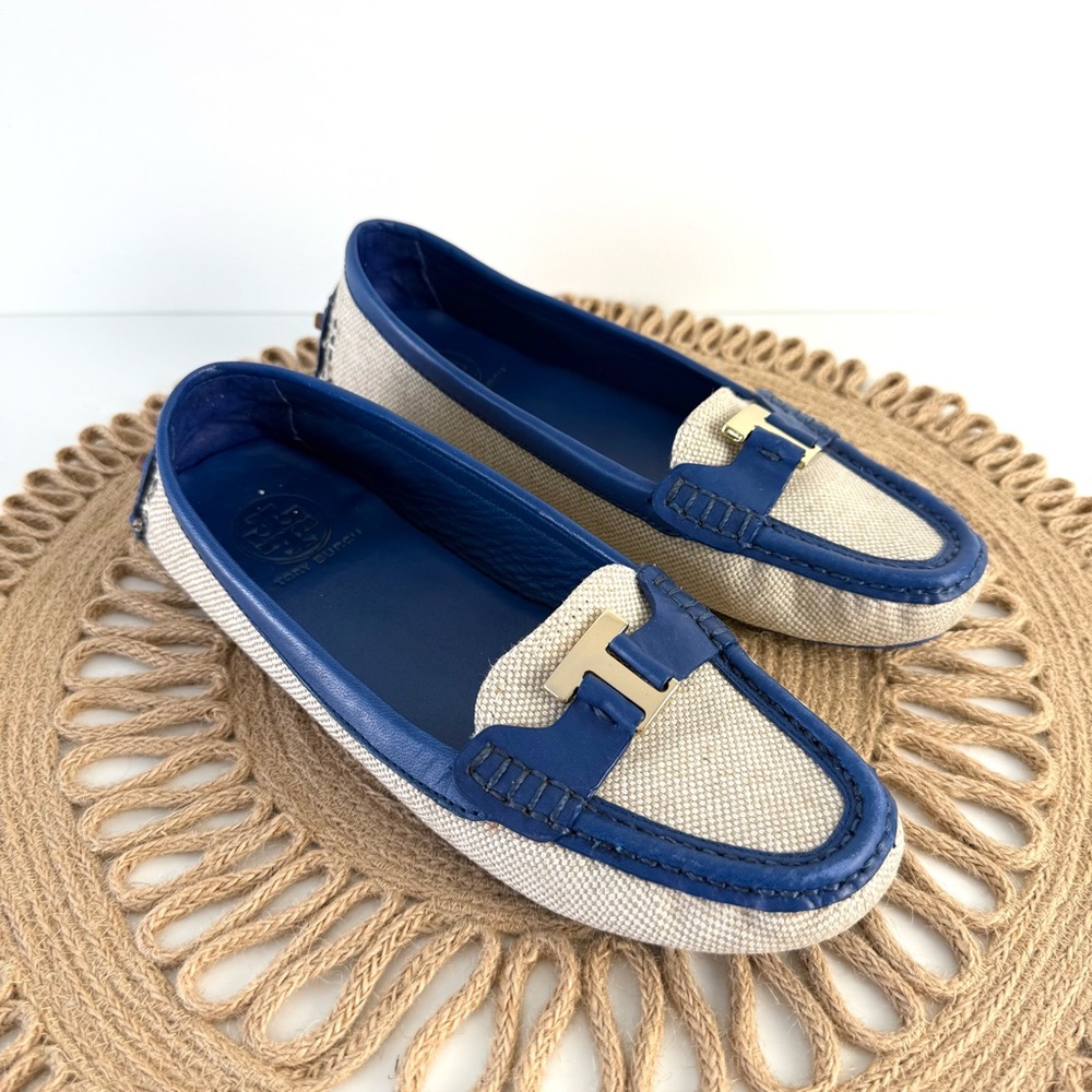 Tory Burch Blue and Cream Loafers
